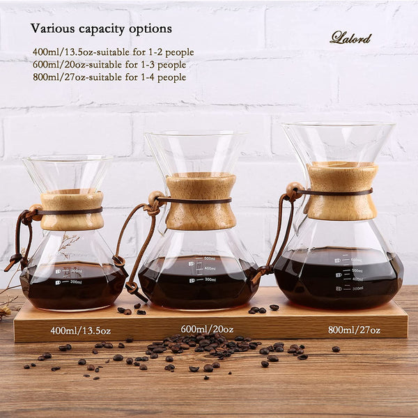 Lalord Pour Over Coffee Maker with Stainless Steel Filter, 20 oz Borosilicate Glass Coffee Carafe, Wooden Collar, Coffee Maker Carafe, Hold 3-4 Cups, 600 ml, Clear