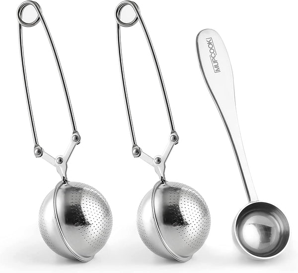 MUPCOOK Pack 2 Tea Balls for Loose Tea, Ultra Fine Mesh Stainless Steel Loose Tea Steepers with 5ml Tea Scoop, Hinge and Clamp Style Loose Leaf Tea Infusers (Silver)