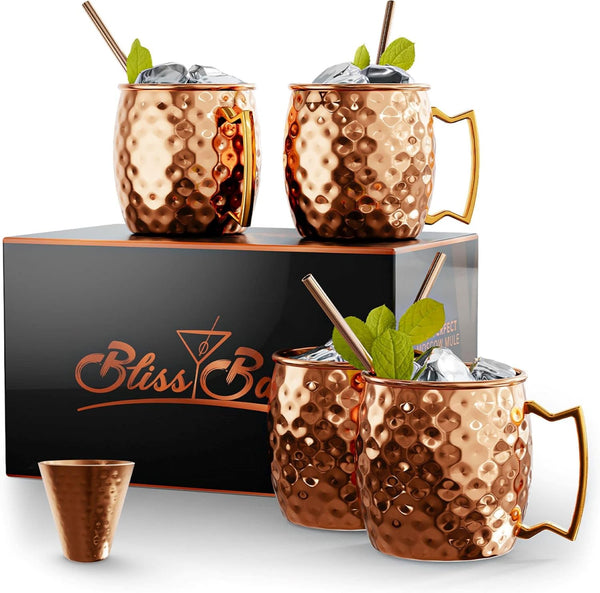 Bliss Bar 16 Oz Moscow Mule Cups Set of 4 | Pure Solid Copper Moscow Mule Mugs| Premium Quality Copper Straws and Shot Glass Included for Perfect Cocktail Experience