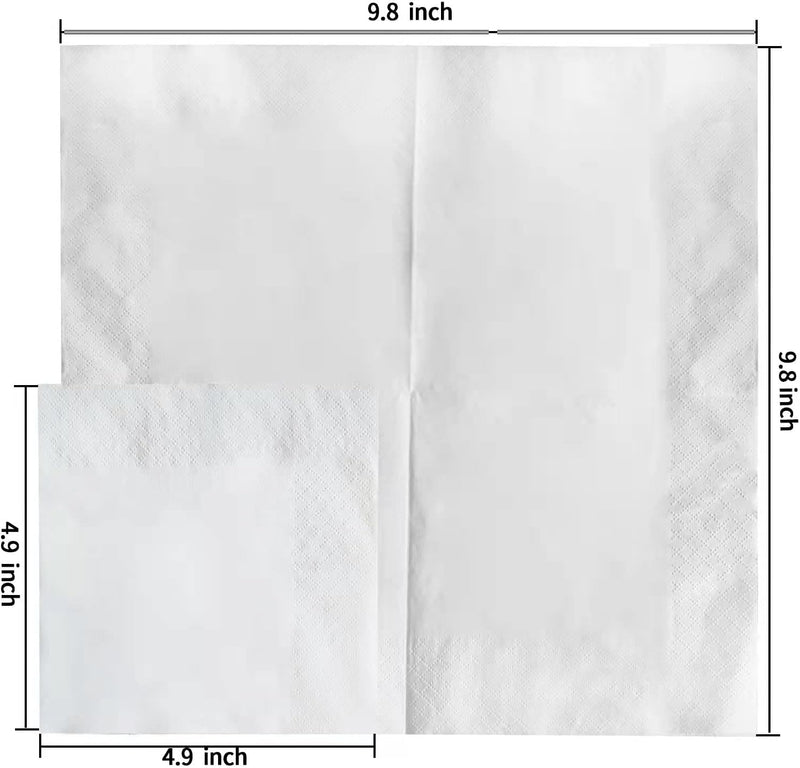 200 Count 2 Ply Plain White Beverage Napkins Disposable Four Fold Cocktails Paper Napkins 9.8" X 9.8" unfolded for Party and Every Day Use