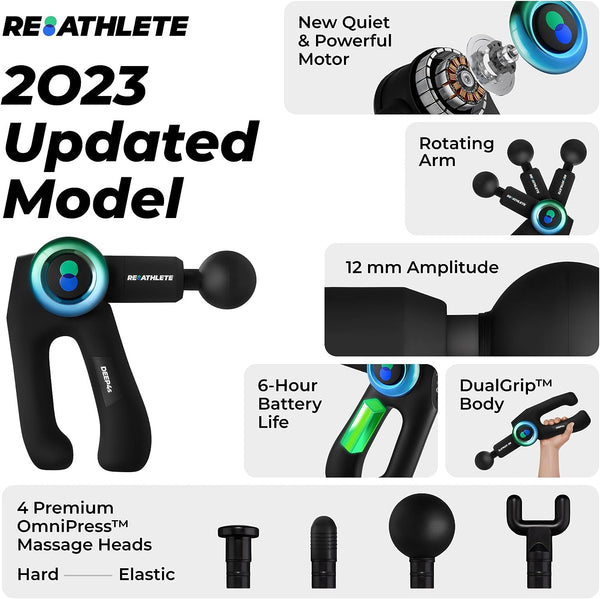 REATHLETE DEEP4S Percussive Therapy Device - Massage Gun for Muscle Treatment - Handheld, Wireless Deep Tissue Massage - Ideal for Back, Shoulder, Arms, Glutes, Calf's - Full Body Pain Relief