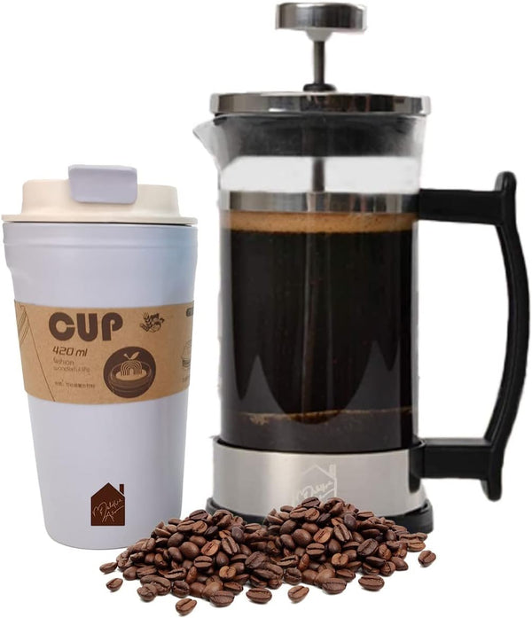 MALIQUE & MASON 20oz French Press Coffee Maker, Tea & Coffee Press 600ml with Three Detachable Stainless-Steel Layers of Filter & Travel Mug