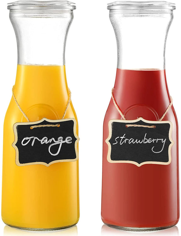 Set of 2 Glass Carafe with Lids, 1 Liter Water Pitcher Carafe for Mimosa Bar, Brunch, Cold Water, Beverage, Wine, Iced Tea, Lemonade - 2 Wooden Chalkboard Tags Included