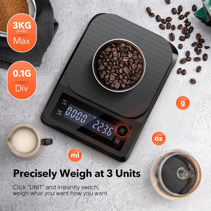 Digital Coffee Scale with Timer - Espresso Scale for Pour Over Drip Maker 0.1g High Precision Scale with Touch Sensor Silicone Pad - Rechargeable Food Kitchen Scale for Meal Prep Cook Baking