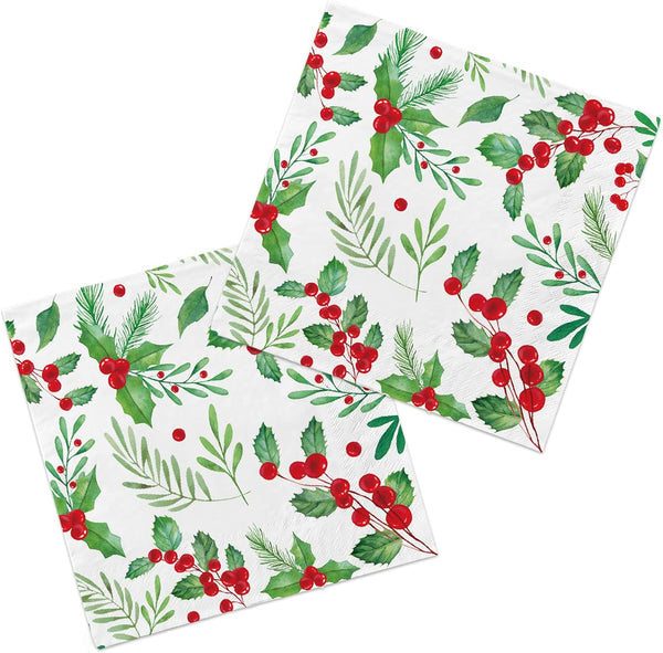 Christmas Party Supplies, Christmas Seasonal Holly Paper Beverage Napkins, Paper Cocktail Napkins for Merry Christmas Party and Holiday Party Decorations