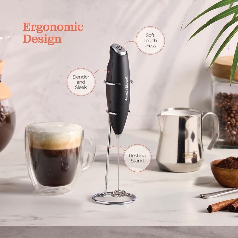 Powerful Handheld Milk Frother, Mini Milk Frother, Battery Operated Stainless Steel Drink Mixer - Milk Frother Stand for Milk Coffee, Lattes, Cappuccino, Frappe, Matcha, Hot Chocolate. Great Gift