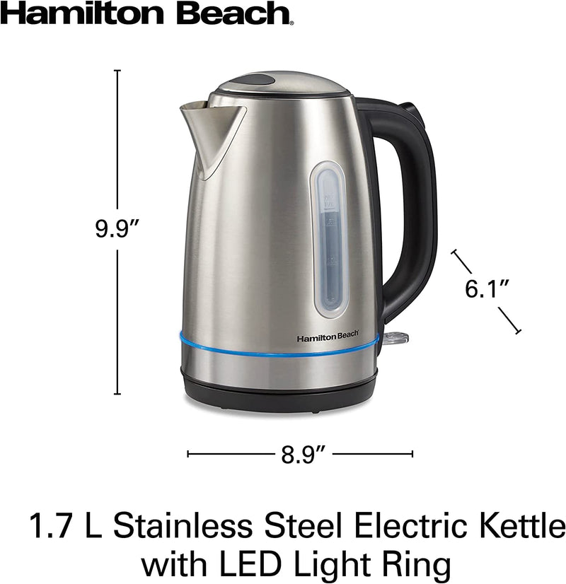 Hamilton Beach Electric Tea Kettle, Water Boiler & Heater, 1.7 Liter, Cordless Serving, 1500 Watts for Fast Boiling, Auto-Shutoff and Boil-Dry Protection, Stainless Steel with LED Light Ring (41037)