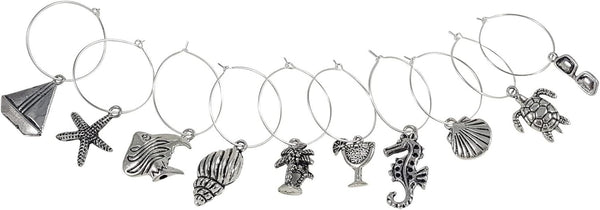 Palm City Products 10 Piece Beach Themed Wine Charm Set - Nautical Stemmed Wine Glass Charms