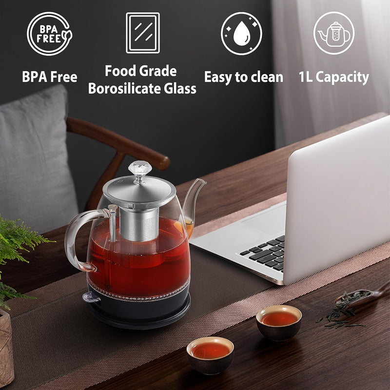 Topwit Electric Kettle Glass, For Hot Water, Tea and Coffee Dual Purpose Design, BPA-Free, 1L Pour Over Removable Stainless Steel Infuser, Auto-shut Off & Boil-dry Protect