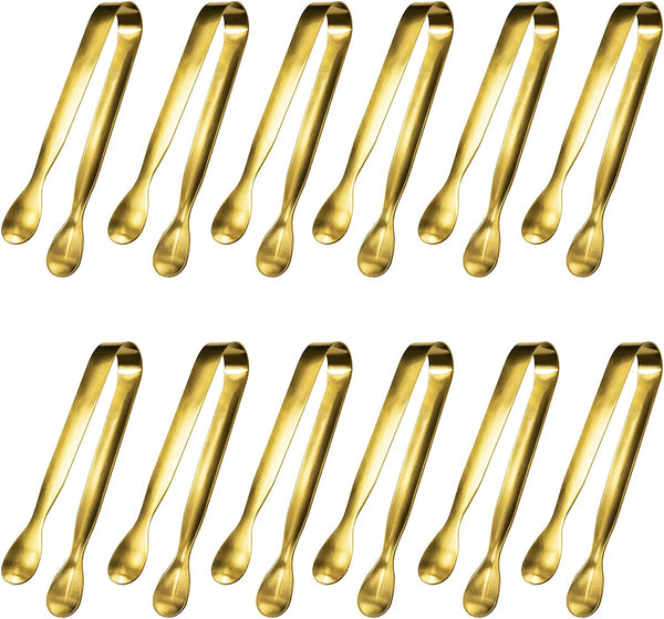 JCREN 12 Pcs Serving Tongs, Small Serving Utensils for Parties Catering Gold Tongs, Food-Grade 304 Stainless Steel Mini Appetizer Tongs for Tea Party Coffee Bar, 4" Sugar Tongs - Gold