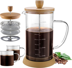 wedrink French Press Coffee Maker 34 oz, Double Filters Bamboo French Press, Thicken Heat-Resistant Borosilicate Glass Press Coffee Maker with 2 Glasses Cup