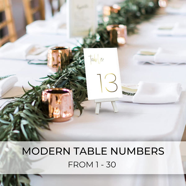 Gorgeous Gold Wedding Table Numbers - Modern Double Sided Lettering with Head Table Card - 4 X 6 Inches and Numbered 1-30 - Perfect for Weddings and Events