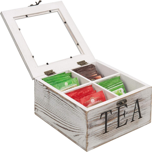 MyGift Shabby Whitewashed Solid Wood Tea Box Organizer with 4 Compartments, Teabag Storage Chest with Clear Acrylic Lid and Latch