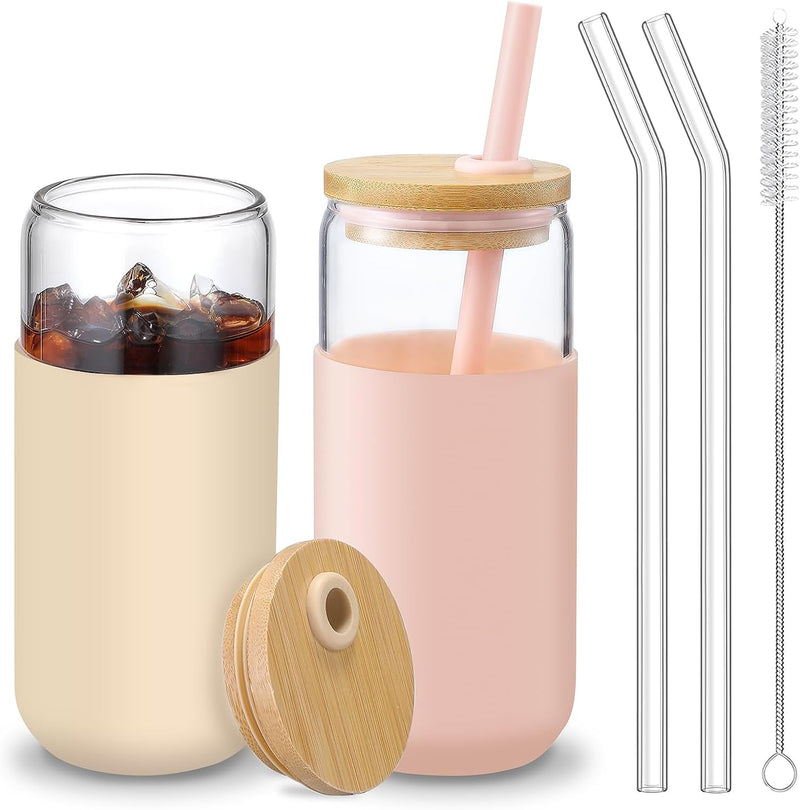 20 OZ Glass Cups with Bamboo Lids and Straws - Beer Can Shaped Drinking Glasses with Silicone Protective Sleeve Set for Iced Coffee, Water, Smoothie, Boba Tea, Gift, 2 Colors