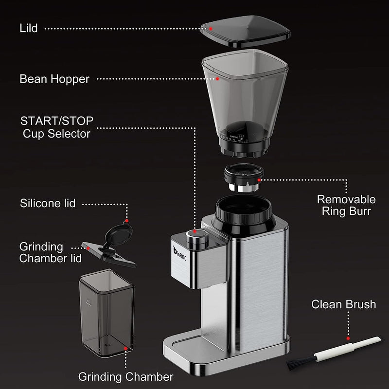 Anti-static Conical Burr Coffee Grinder with 48 Grind Settings, binROC Adjustable Electric Coffee Bean Grinder for 2-12 Cups (Stainless Steel)