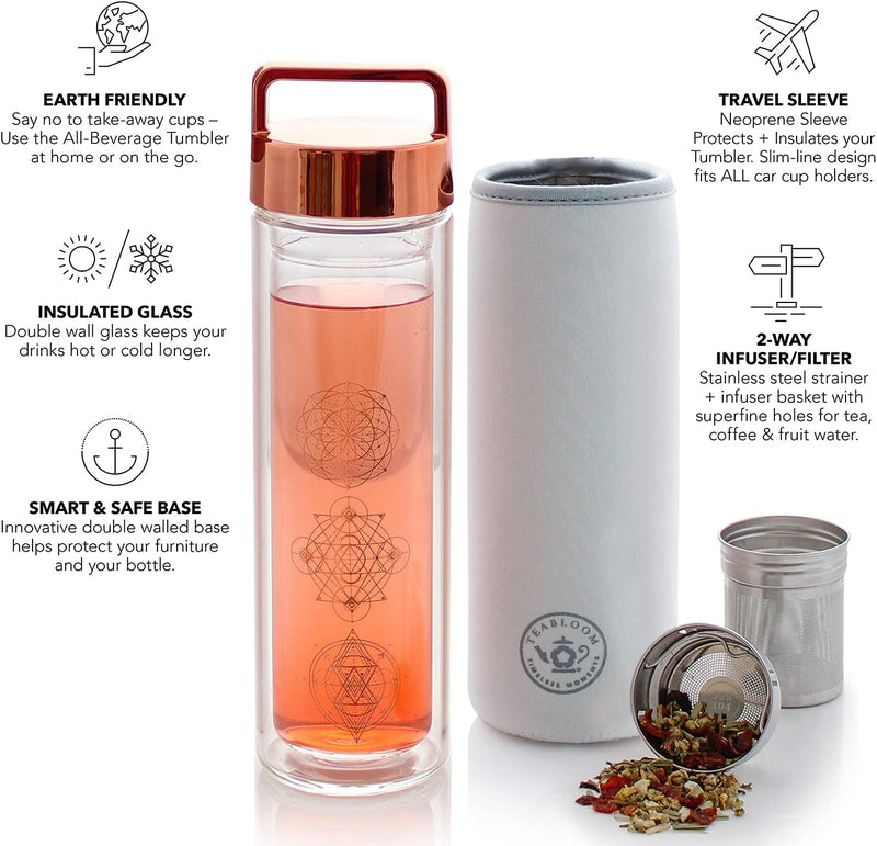 Teabloom All-Purpose Beverage Tumbler – 15 oz / 450 ml Insulated Glass Bottle – Tea, Coffee, Fruit Infused Water – All-Temperature Travel Mug – Stainless Steel Infuser Basket