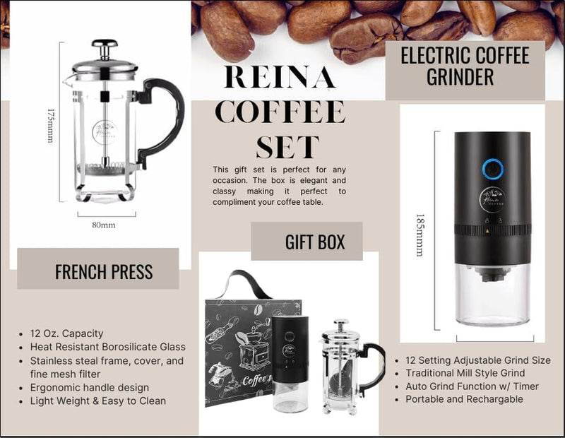 Connoisseur's Coffee Gift Set - Coffee French Press and Coffee Grinder Set - Gift for Men, Gift for Coffee Lovers, Gift for Christmas, Wedding, Occasions