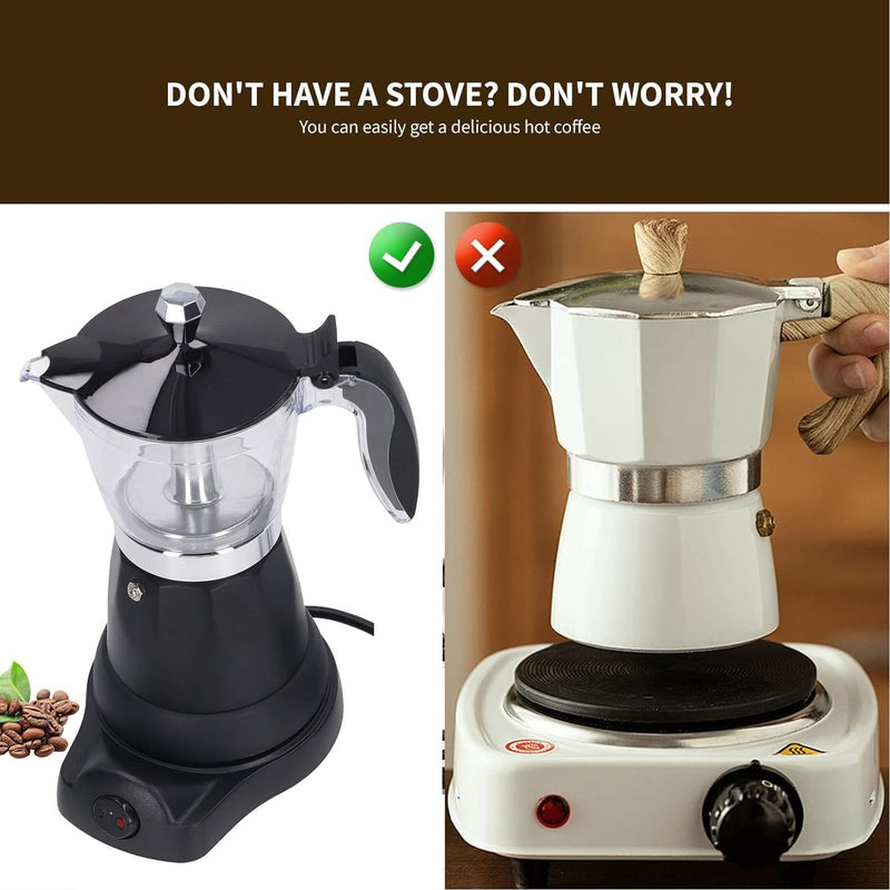 Electric Coffee Pot, 6 Cup 300ML Coffee Maker Espresso Maker Small Travel Coffee Maker with Measuring Spoon, Transparent Electric Coffee Percolator Italian Coffee Machine Maker