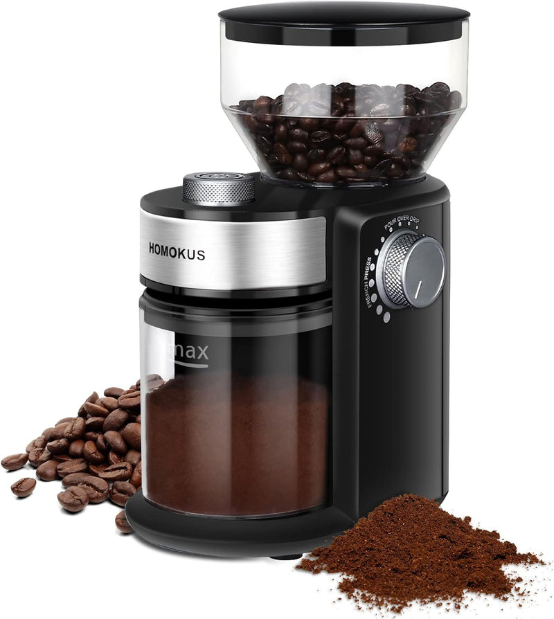 HOMOKUS Electric Burr Coffee Grinder - Adjustable Burr Mill Coffee Bean Grinder with 18 Grind Settings - Coffee Grinder 2.0 for Espresso Drip Coffee and French Press - 2-14 Cup Capacity