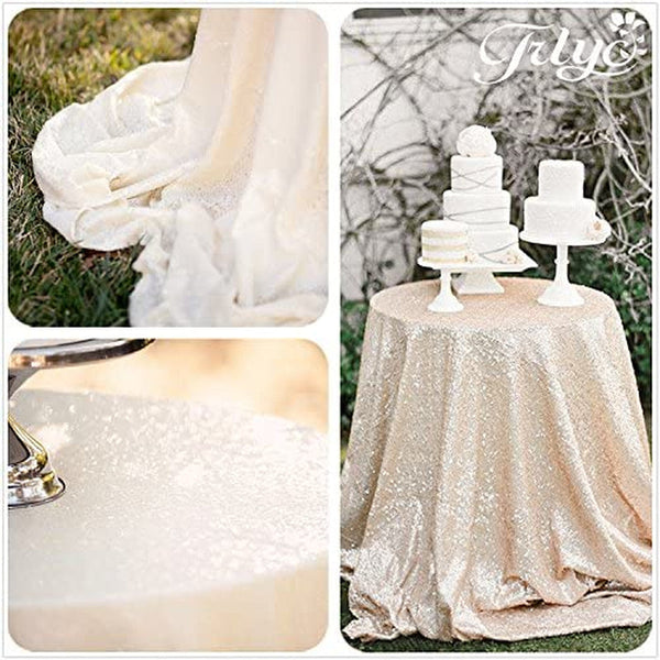 Ivory Sequin Tablecloth for Wedding 108 Round with Sparkly Design