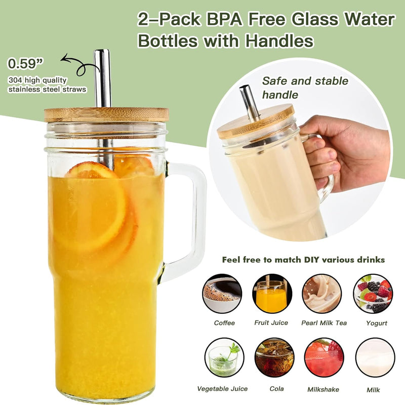 Glass Cups with Bamboo Lids and Straws,24oz Tumbler With Handle,2 Pack Mason Jar with Lid and Straw-Wide Mouth Reusable Drinking Glasses,Boba Cup Smoothie Tumbler Iced Coffee Cup Travel Mug