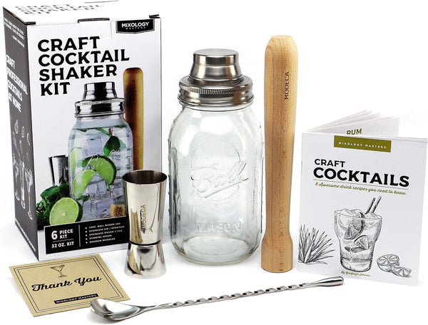 Premium Cocktail Shaker Kit Bar Gift Set with Mason Jar, Jigger, Spoon, Wooden Muddler, Recipe Book