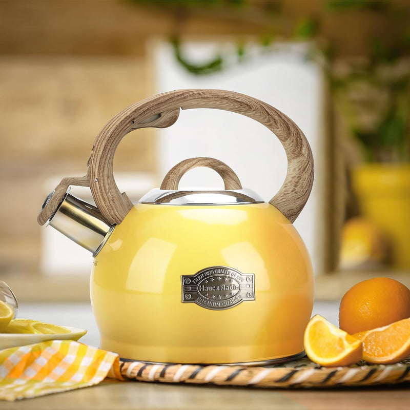 Tea Kettle, 2.1 Quart Stove Top Whistling Tea Kettle, Teapot with Food Grade Stainless Steel and Wood Pattern Folding Handle, Suitable for All Heat Sources,(Yellow)