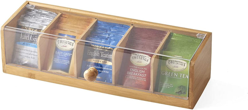 Nifty Solutions Bamboo Tea Box | 5 Compartment Tea Bag Storage | Stores up to 100 Tea Packets | Natural Wooden Tea Box | Tea Storage Containers | Organize Tea, Jewelry & Small Items