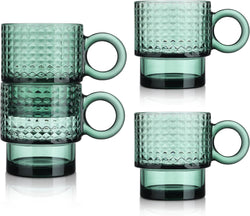Joeyan Green Glass Coffee Mugs with Handle,Stackable Glass Coffee Cups with Striped Design,Drinking Glasses for Espresso Cappuccino Latte Tea Milk,10 oz,Set of 4,Dishwasher Safe