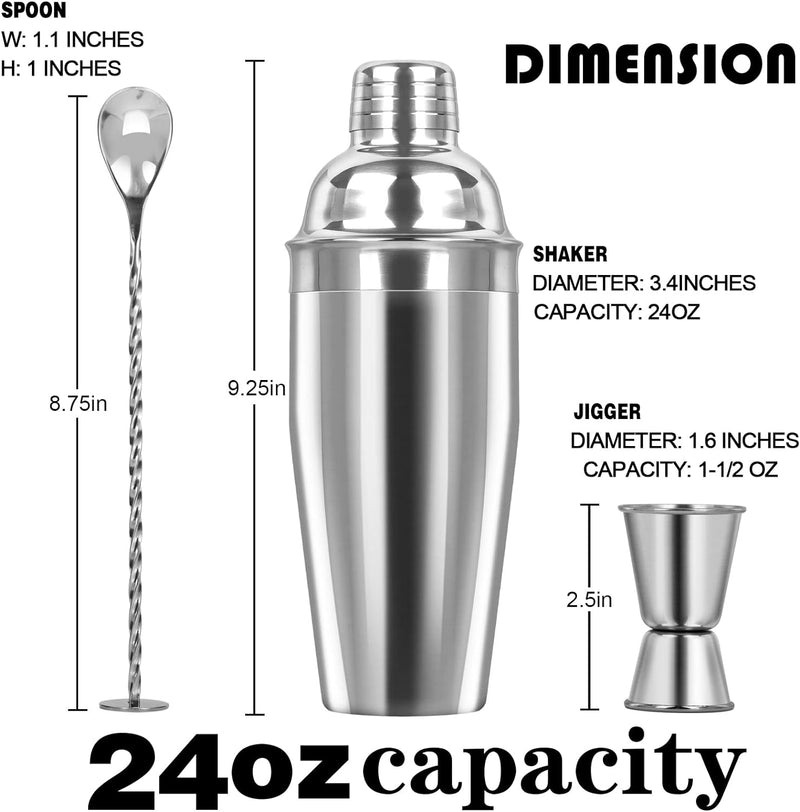 Large 24oz Cocktail Shaker Set, Stainless Steel 18/8 Martini Mixer Shaker with Built-in Strainer, Measuring Jigger & Mixing Spoon, Professional Martini Shaker Set, Perfect for Bartender and Home Use