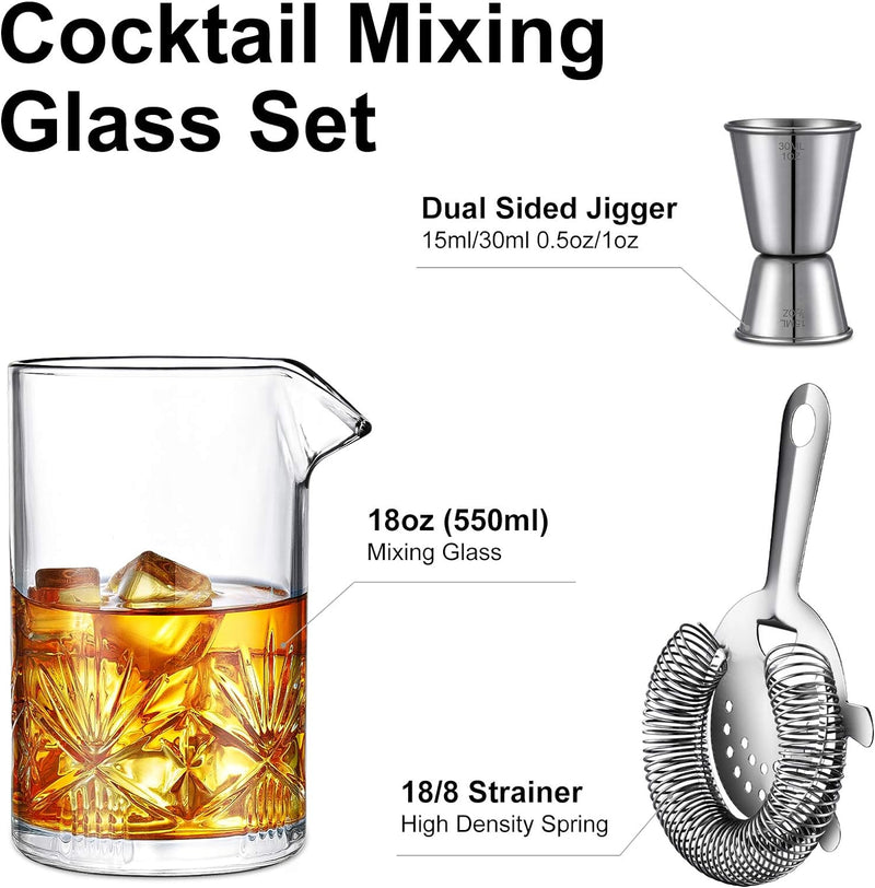 Cocktail Mixing Glass, veecom 18oz Crystal Mixing Glass Bartender Kit, 3 Piece Old Fashioned Cocktail Set with Strainer, Jigger, Bar Tools Cocktail Shaker Set, Cocktail Mixer Stirring Glass