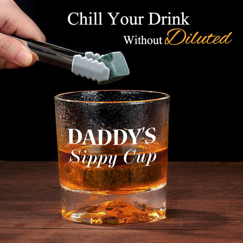 Gifts for Dad Christmas, Daddy Sippy Cup Whiskey Glass Gifts Set with 4 Whiskey Stones & Wooden Box, Funny Gag Christmas Gifts for New Dad Him Husband, Dad Birthday Gift, Christmas Stocking Stuffers