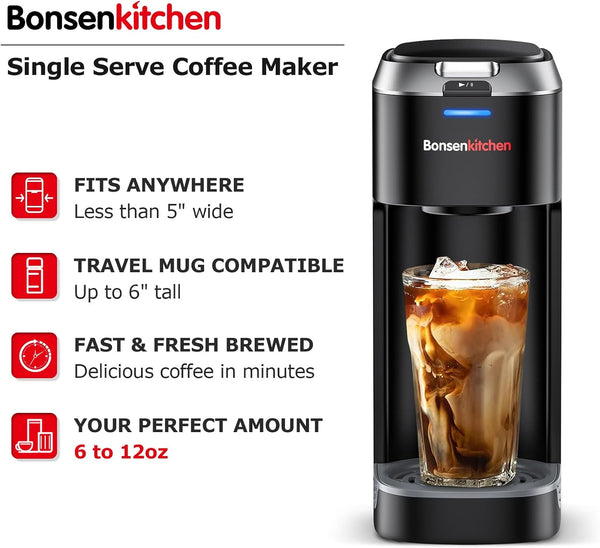 Bonsenkitchen Single Serve Coffee Maker, Coffee Brewer for K Cup Pod, Fast Brewing Coffee Machine, 6 to 12oz Brew Sizes, Space Saving Design