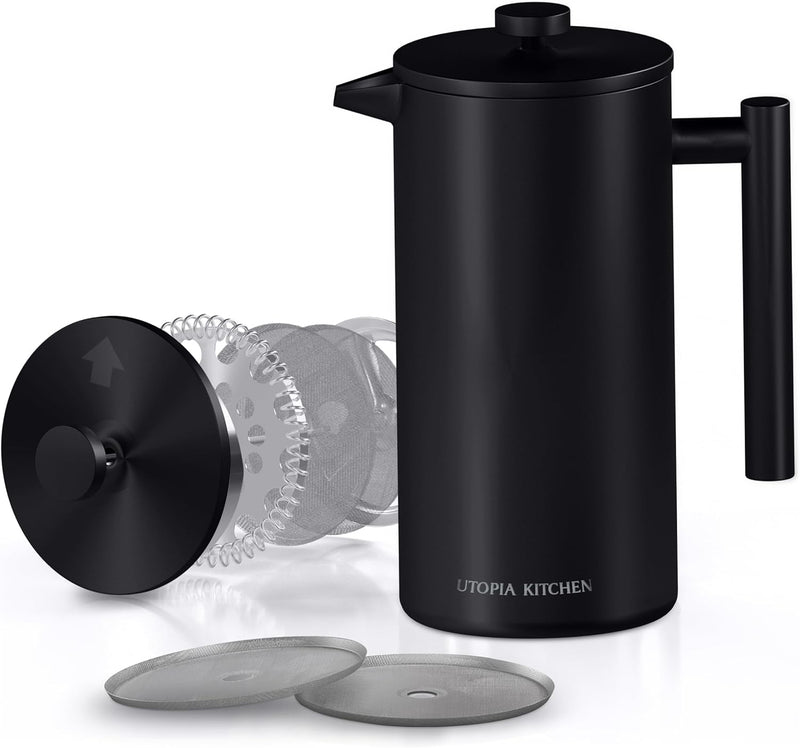 Utopia Kitchen French Press Coffee Maker 34Oz, Double Wall Insulated Stainless Steel with 4-Level Filtration system, Includes 2 Extra Filters, Rust-Free, Silver