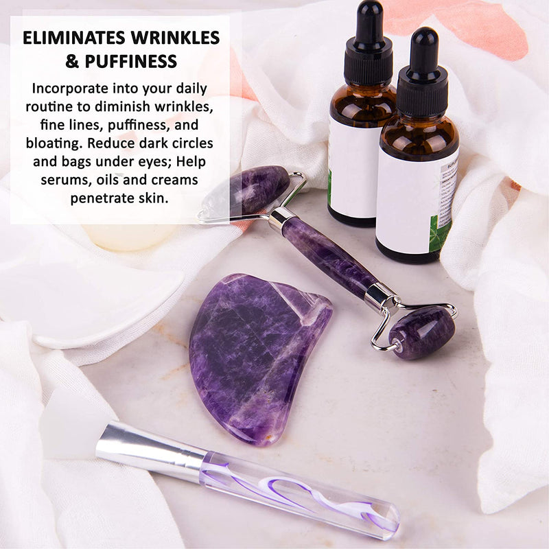 Authentic Amethyst Roller and Gua Sha Set - Jade Roller for Face - Face Roller: 100% Natural Amethyst - Face Massager, Facial Roller for Skin, Eyes, Neck - Authentic, Durable, Natural, No Squeaks