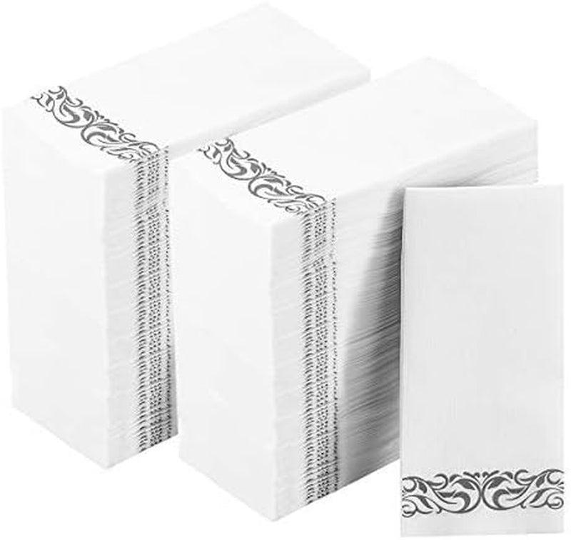 JOLLY CHEF 100 Disposable Hand Towels, Soft and Absorbent Linen Feel Dinner Napkin, Elegant Decorative Paper Guest Towels for Kitchen, Bathroom,Weddings,Parties, Gold and White