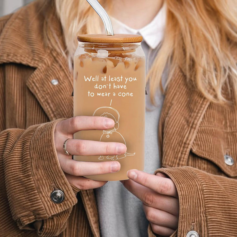 Break Up, Divorce Gifts For Women - Get Well Gifts For Women After Surgery, Feel Better Gifts - 16 Oz Coffee Iced Glass Cup With Bamboo Lid And Straws - At Least You Dont Have To Wear A Cone Can Glass