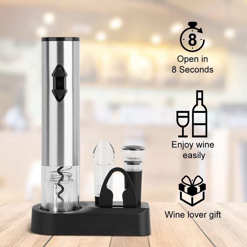 CIRCLE JOY Electric Wine Openers Set - Battery Powered Motorized Operated Cordless Automatic Corkscrew Opener Puller Kit with Attached Foil Cutter Stopper Wine Aerator Pourer, Stainless Steel