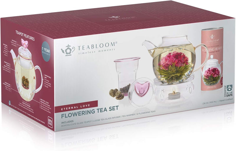 Teabloom Eternal Love Flowering Tea Gift Set - Glass Teapot (36 oz), Heart-Topped Lid, Tea Warmer, Loose Tea Infuser & 12 Heart-Shaped Blooming Teas