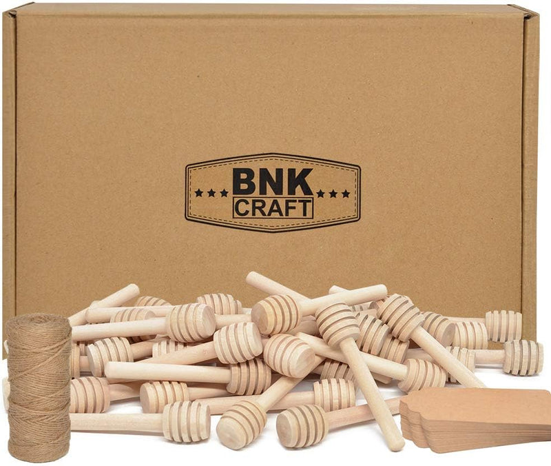 100Pcs 3 Inch Wood Honey Dipper Sticks with Natural Jute Twine & Kraft Paper Tags for Honey Jar Dispense Drizzle Honey Wedding Party Family by BNK