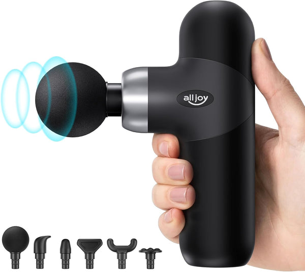 ALLJOY Mini Massage Gun Deep Tissue, Pocket-Sized Portable Handheld Percussion Muscle Massage Gun, Ultra Small & Quiet with Carry Case & 6 Heads for Home Gym Outdoors