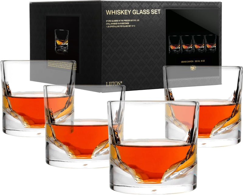 LIITON Grand Canyon Crystal Bourbon Whiskey Glasses Gift Set of 4, Heavy Freezable Old Fashioned Cocktail Glass Tumbler, Premium Luxury Gift for Men, Groomsman, 10 oz