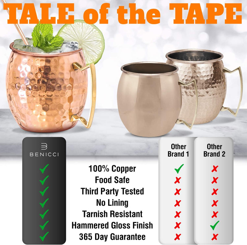 Benicci Moscow Mule Copper Mugs - Set of 4-100% HANDCRAFTED - Food Safe Pure Solid Copper Mugs - 16 oz Christmas Gift Set with Premium Quality Cocktail Copper Straws and Jigger!