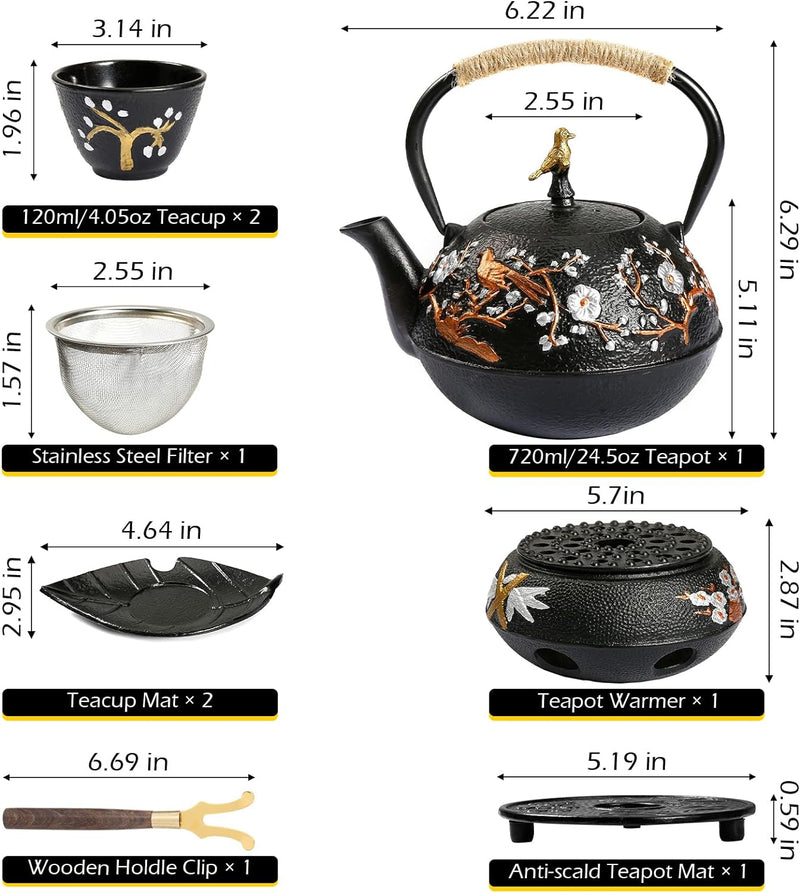 Dyna-Living Cast Iron Teapot with Warmer 720ml/24.5oz Japanese Teapot with Infuser Cast Iron Tea Pot Set with 2 Tea Cups Japanese Style Teapot for Stovetop Cast Iron Tea Kettle for Home Use