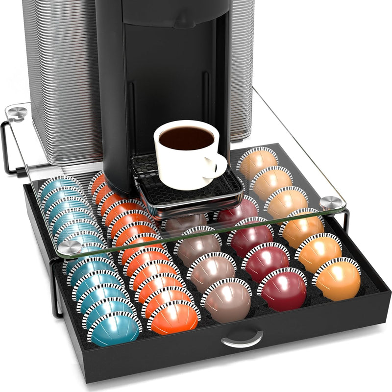 DecoBrothers Crystal Tempered Glass Vertuo Pod Holder Drawer, 24 Large or 48 Small Nespresso Capsule Organizer