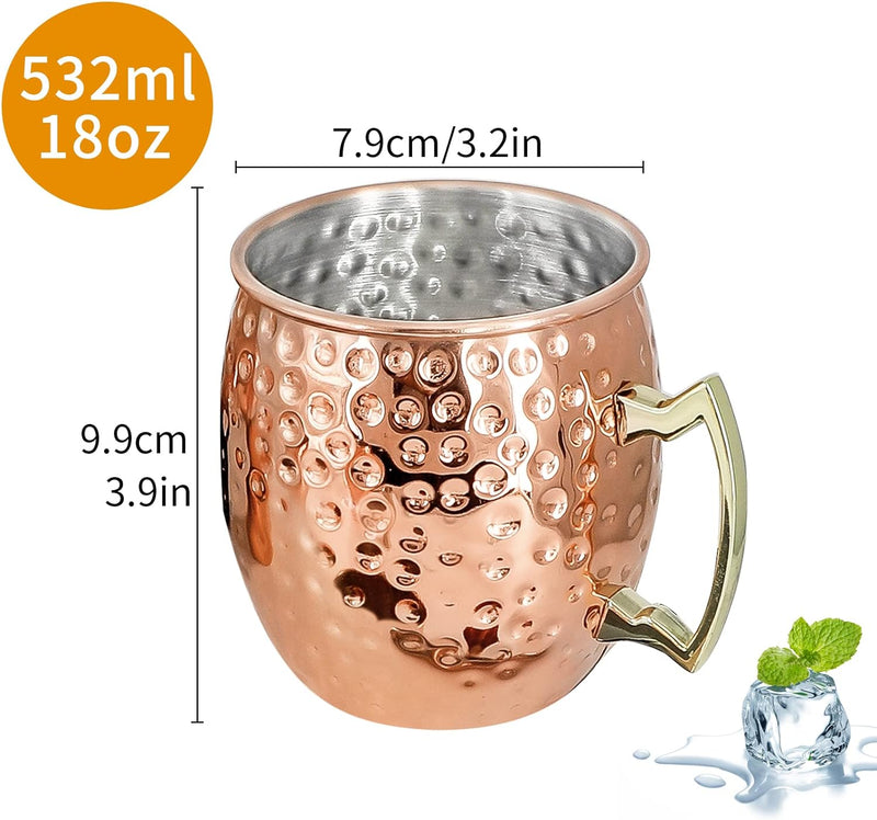 Moscow Mule Mugs Copper Mule Cup Kit 18oz Set of 4 with Handle Large Copper Hammered Plating Cups with 0.5oz Double Jigger, Stainless Steel Straws, Spoon for Cold Drinks Cocktails Wine