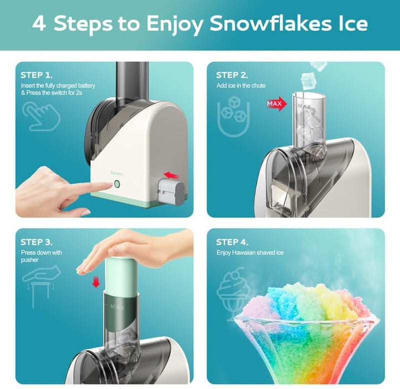 EUHOMY Shaved Ice Machine with Battery, USB Rechargeable, Crushed Ice in 3s, 45 lbs in 40 Mins, Dual Steel Blades, Easy-to-Clean, Snow Cone Maker with Scraper, for Home/Kitchen/Camping. (White)