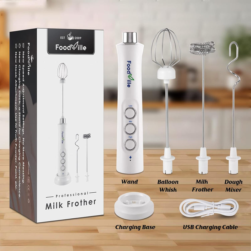FoodVille MF09 3 in 1 Rechargeable Milk Frother Handheld Foam Maker with Charging Stand & 3 Stainless Steel Whisks