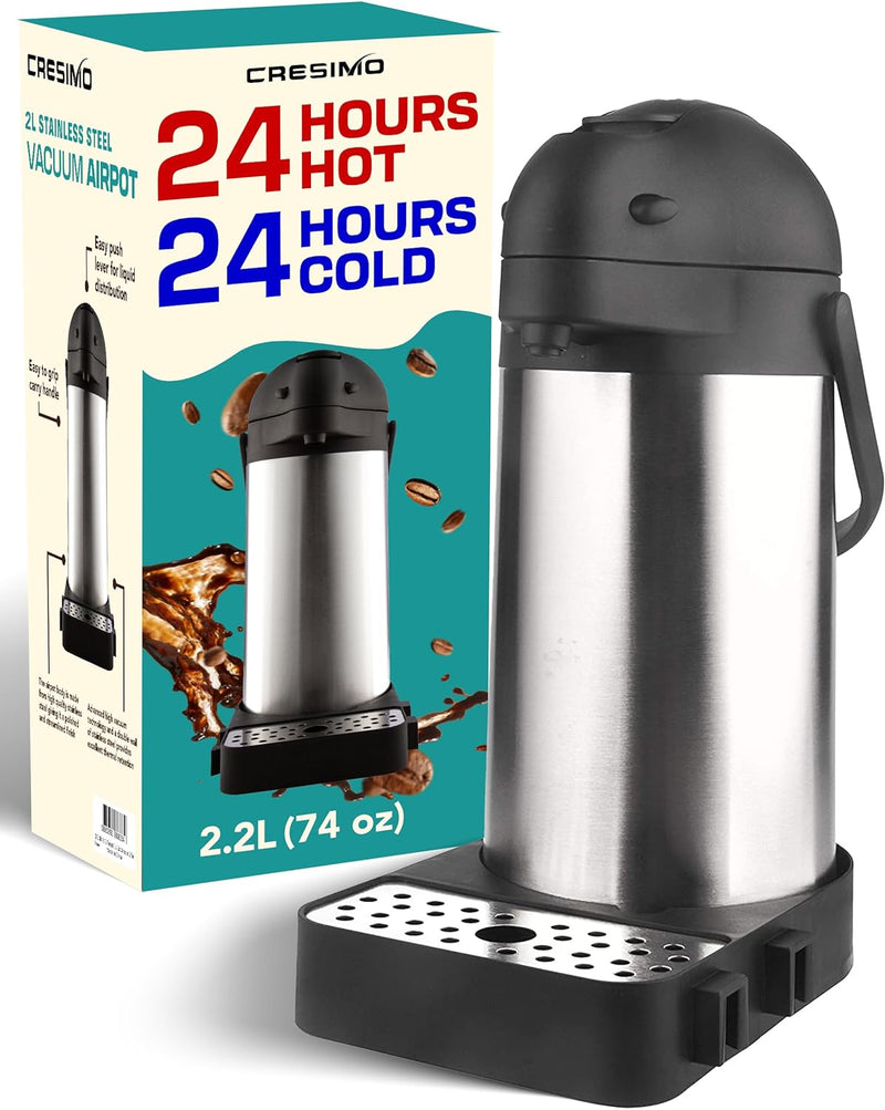 Coffee Carafe Dispenser with Pump - 101oz / 3L Airpot 24 Hours Hot Chocolate Dispenser for Parties - Coffee Urn Hot Water Dispenser - Insulated Stainless Steel Hot Beverage Dispenser - Thermal Carafe