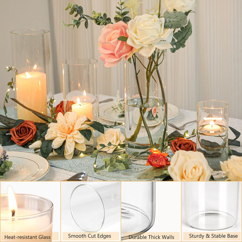 Glass Hurricane Candle Holder Set of 6 Glass Cylinder Vases for Centerpieces, Glass Candle Holders for Pillar Candles, Floating Candles, Clear Glass Vases for Flowers for Wedding Party Festival Decor